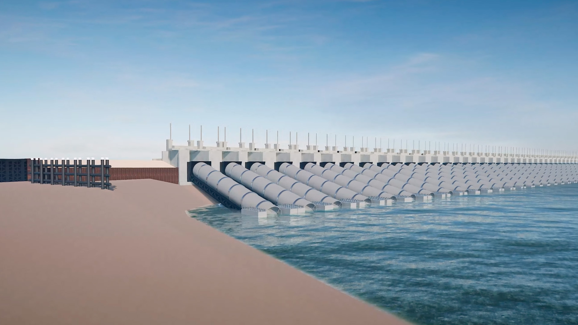 We zien de pompturbines op een rijtje die gebruikt worden om water in- en uit het valmeer te pompen.