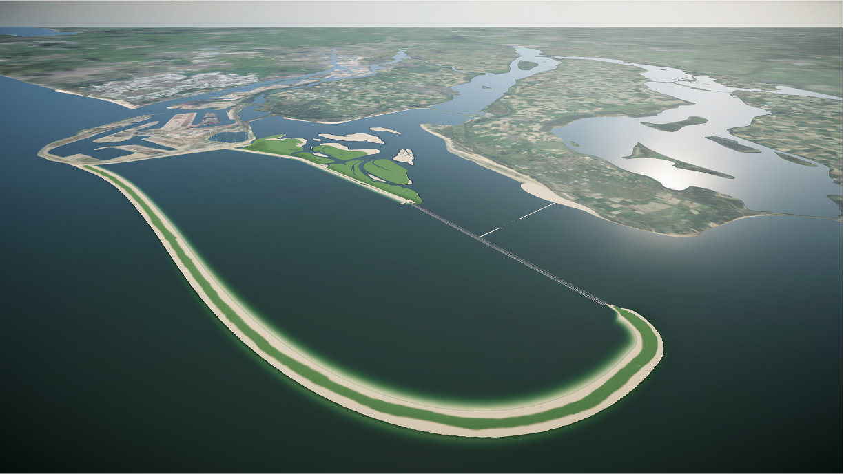 De afbeelding toont een futuristisch waterbouwkundig ontwerp langs de Nederlandse kust, waarin het zogenoemde valmeer centraal staat. Op de voorgrond zie je een grote, halvemaanvormige ringdijk in zee. Deze ring omsluit een kunstmatig meer dat dient als opslagbekken voor water. Door deze vorm ontstaat een duidelijk onderscheid tussen het open zeewater buiten de ring en het gecontroleerde water binnenin. Binnen en rondom het valmeer liggen groene eilanden en natuurzones met kronkelende watergangen, die onderdeel zijn van een geïntegreerd landschap van waterbeheer en ecologie. Links in beeld bevindt zich een havengebied met kades en infrastructuur, terwijl rechts een uitgestrekt landgebied zichtbaar is met meren en agrarische structuren. Een smalle dam of verbinding loopt van het valmeer naar het vasteland. In het concept van Delta21 wordt het water in het valmeer actief beheerd: bij storm kan overtollig water worden opgeslagen, en later weer worden afgevoerd of gebruikt voor energieopwekking. De afbeelding is daarmee een visualisatie van een innovatieve combinatie van kustbescherming, waterberging en duurzame energie.